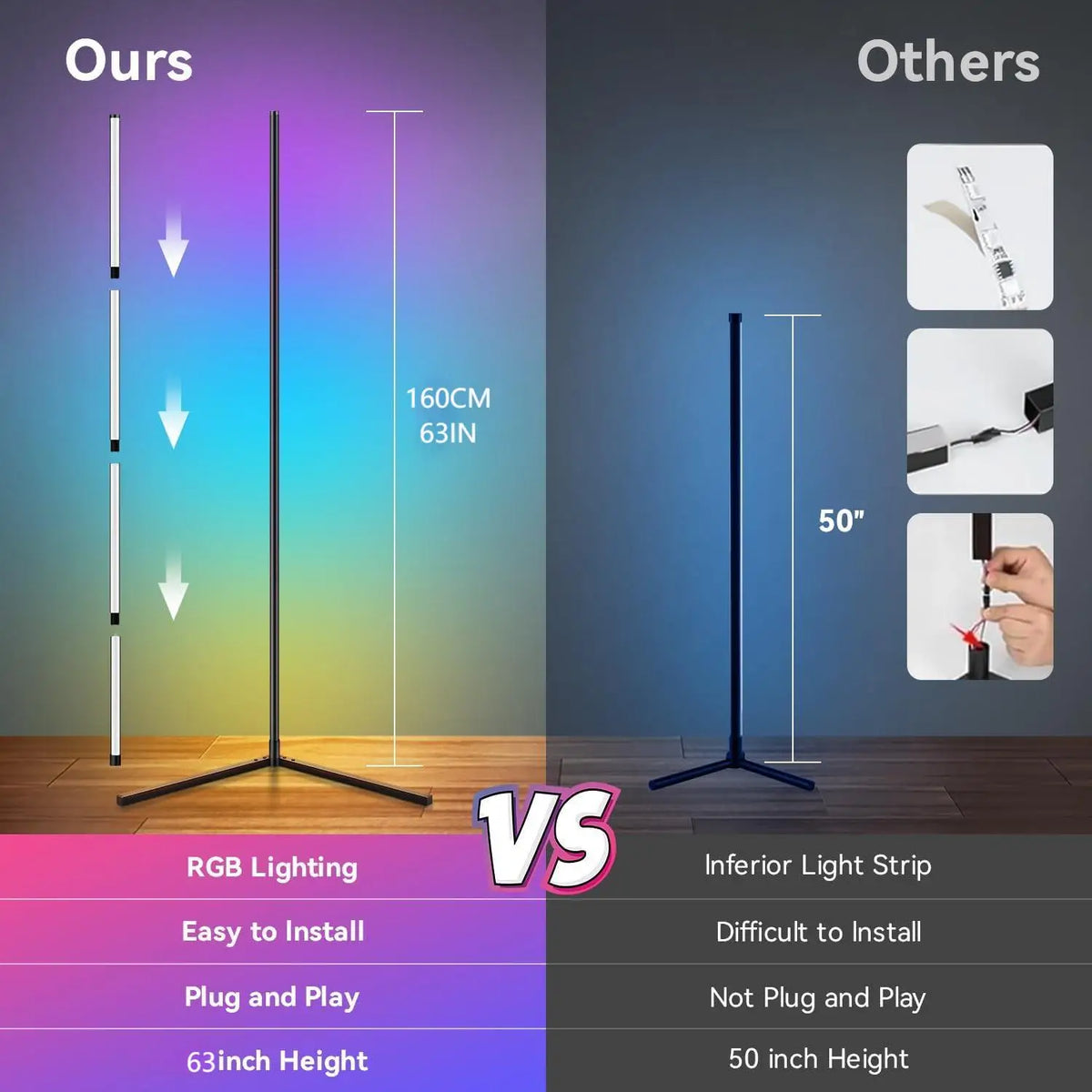 60 Inch RGB LED Corner Floor Lamp, Modern Standing Lamp for Living Room Bedroom Game Room