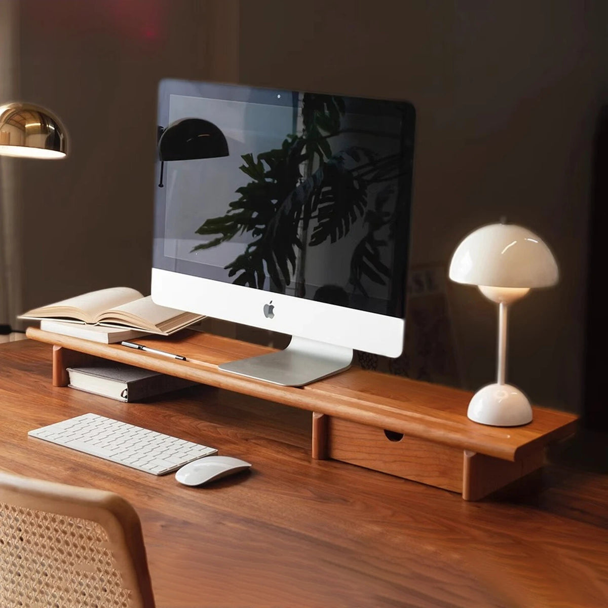 Custom Cherry Walnut Wood Monitor Stand Ergonomic Computer Riser & Desk Organizer