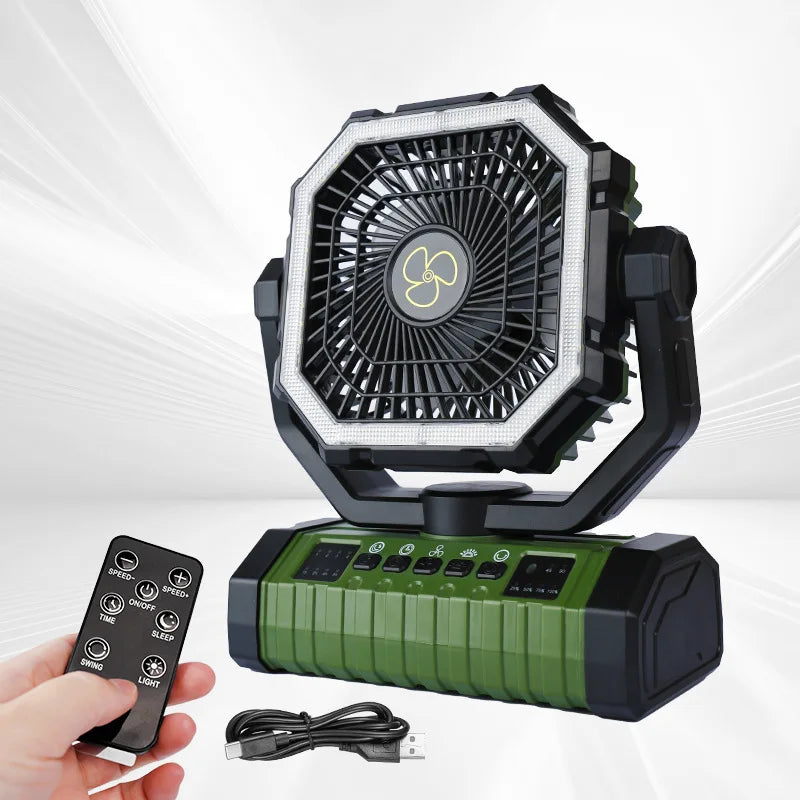LED High-Airflow Camping Fan Remote Control Night Light USB Rechargeable Built-in Battery