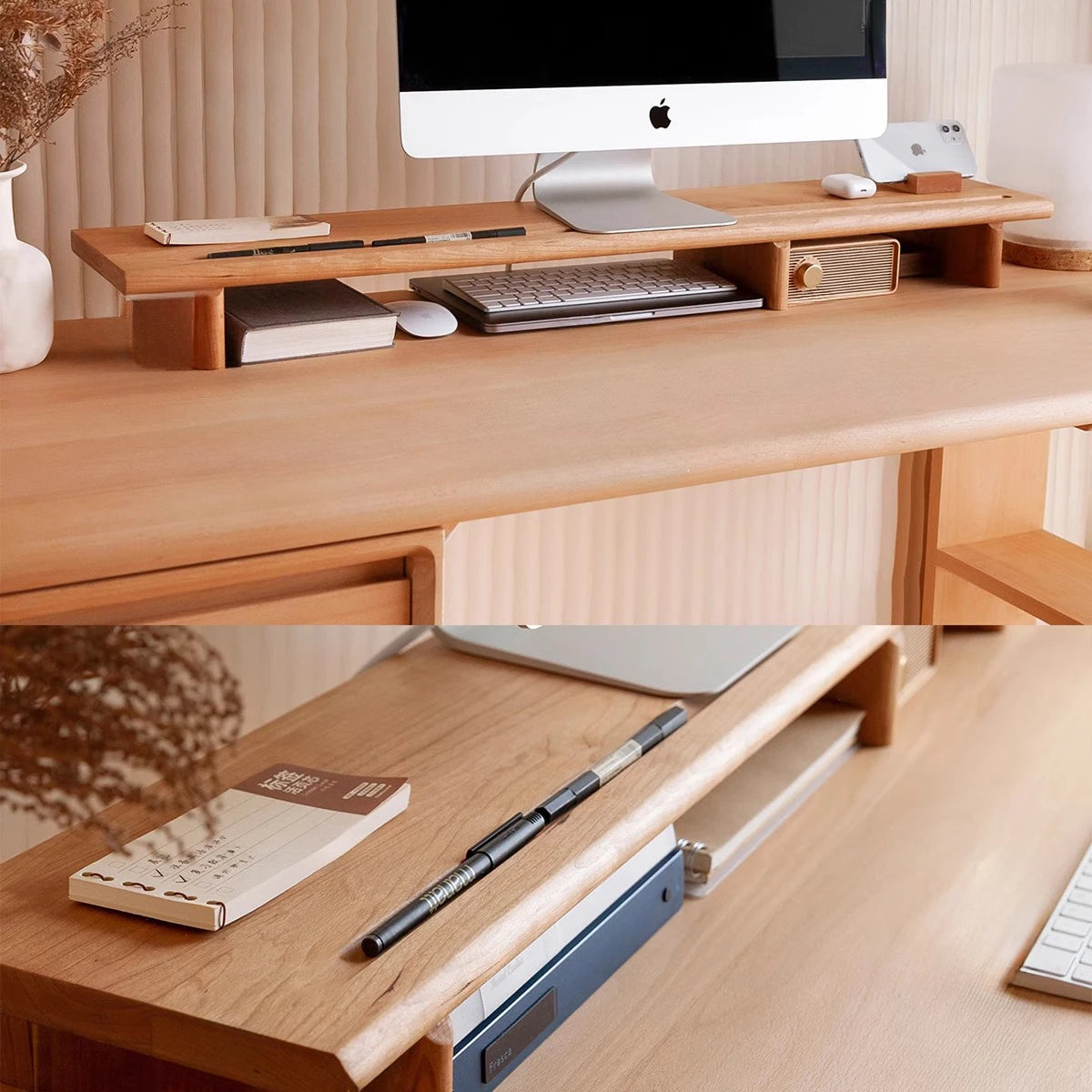 Custom Cherry Walnut Wood Monitor Stand Ergonomic Computer Riser & Desk Organizer