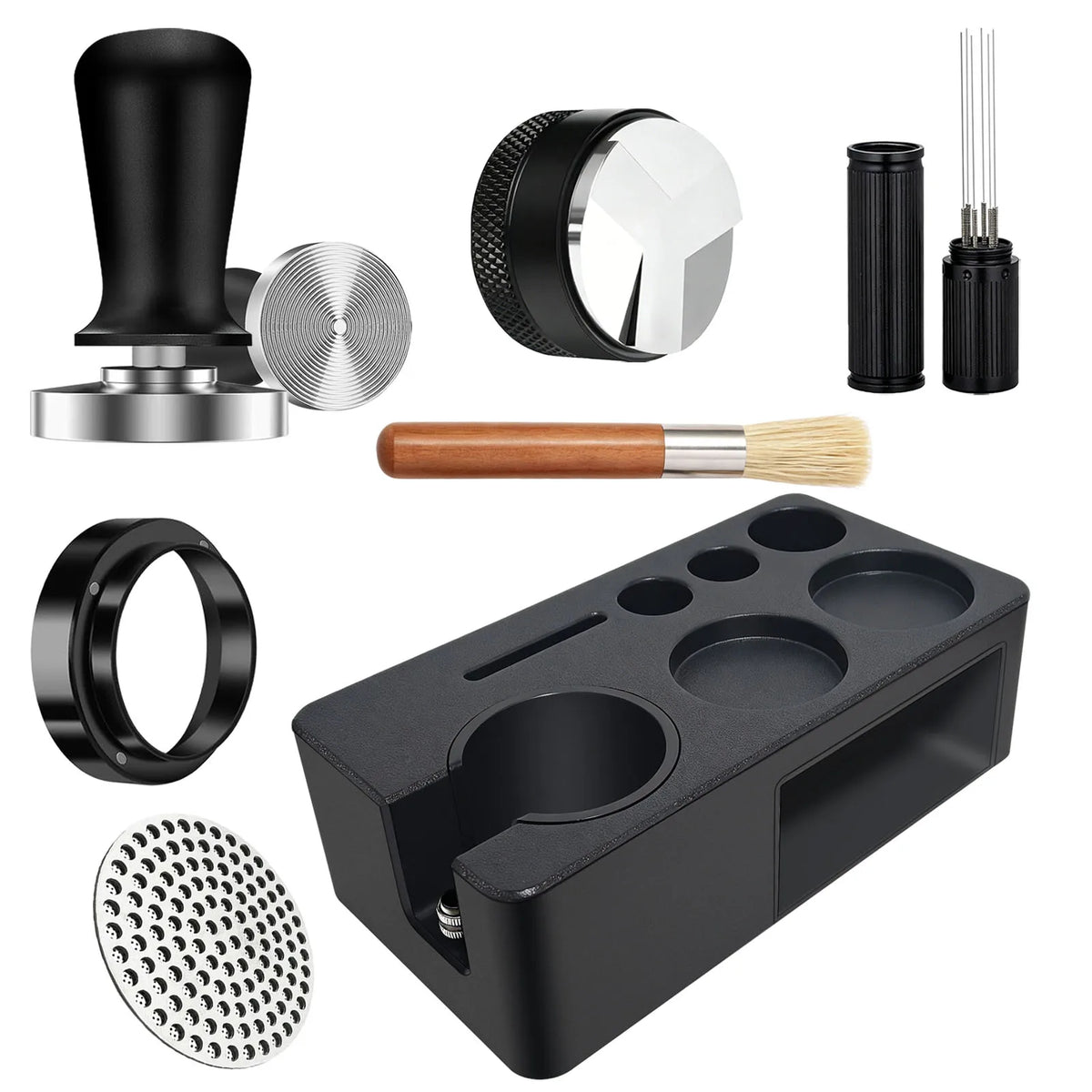 Professional Espresso Tamper Holder Kit 7 in 1 Coffee Distributor Needle WDT Tool Dosing