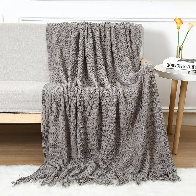 Chunky Knitted Blanket Sofa Throw Blanket With Tassels Weighted Blanket for Winter
