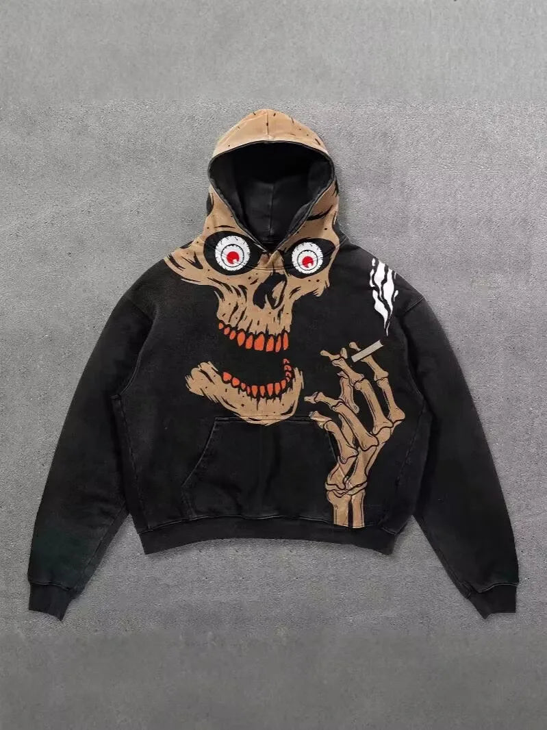 Custom Streetwear Skeleton Fire Print Vintage Washed Men'S Hoodies Sweatshirts Gothic