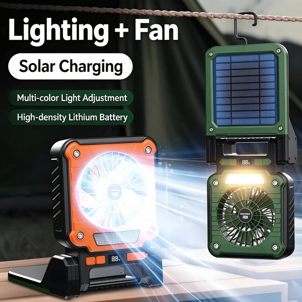 LED Camping Light Fan, Solar USB Portable Strong Wind, Digital Power Display Foldable