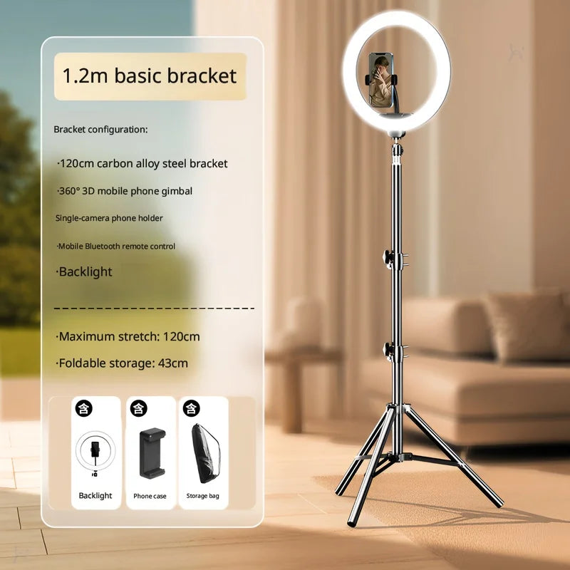 Portable Foldable Ring Light Stand with Phone Holder, Dimmable Live Stream Tripod