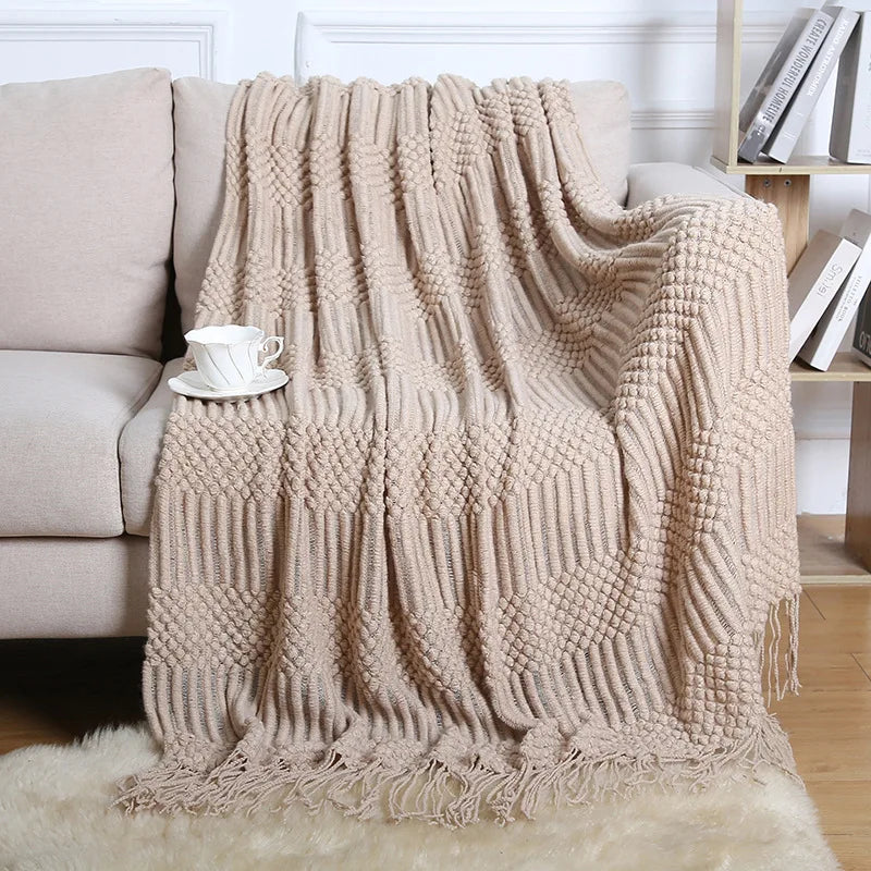 Chunky Knitted Blanket Sofa Throw Blanket With Tassels Weighted Blanket for Winter