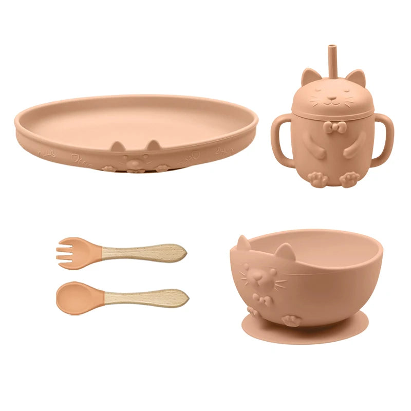 Food Grade Silicone Baby Feeding Set With Cup Bowl Plate Bib Spoon and Fork Easy Clean