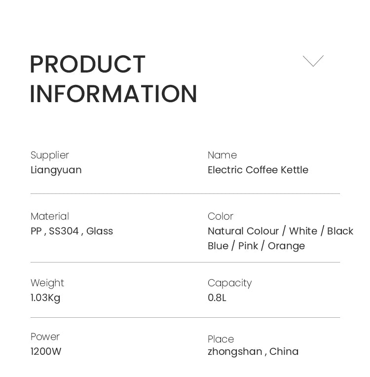 0.8L 1200W Multi Color Kettle Body Stainless Steel Tea Maker Gooseneck Pour Over Drip