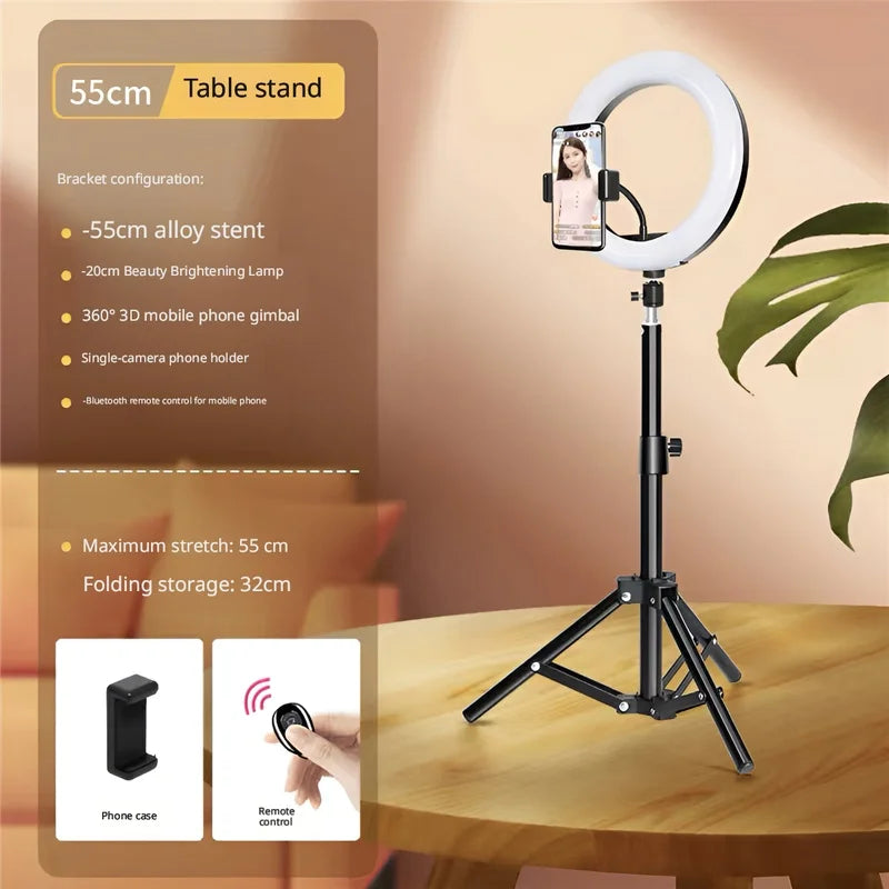 Portable Foldable Ring Light Stand with Phone Holder, Dimmable Live Stream Tripod