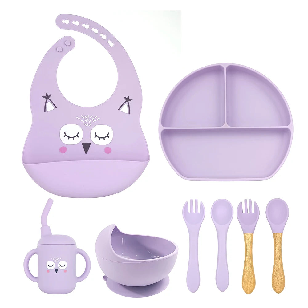 8pc Bebe Silicone Feeding Set Toddler Weaning Set Suction Bottom Infant Dining Tableware