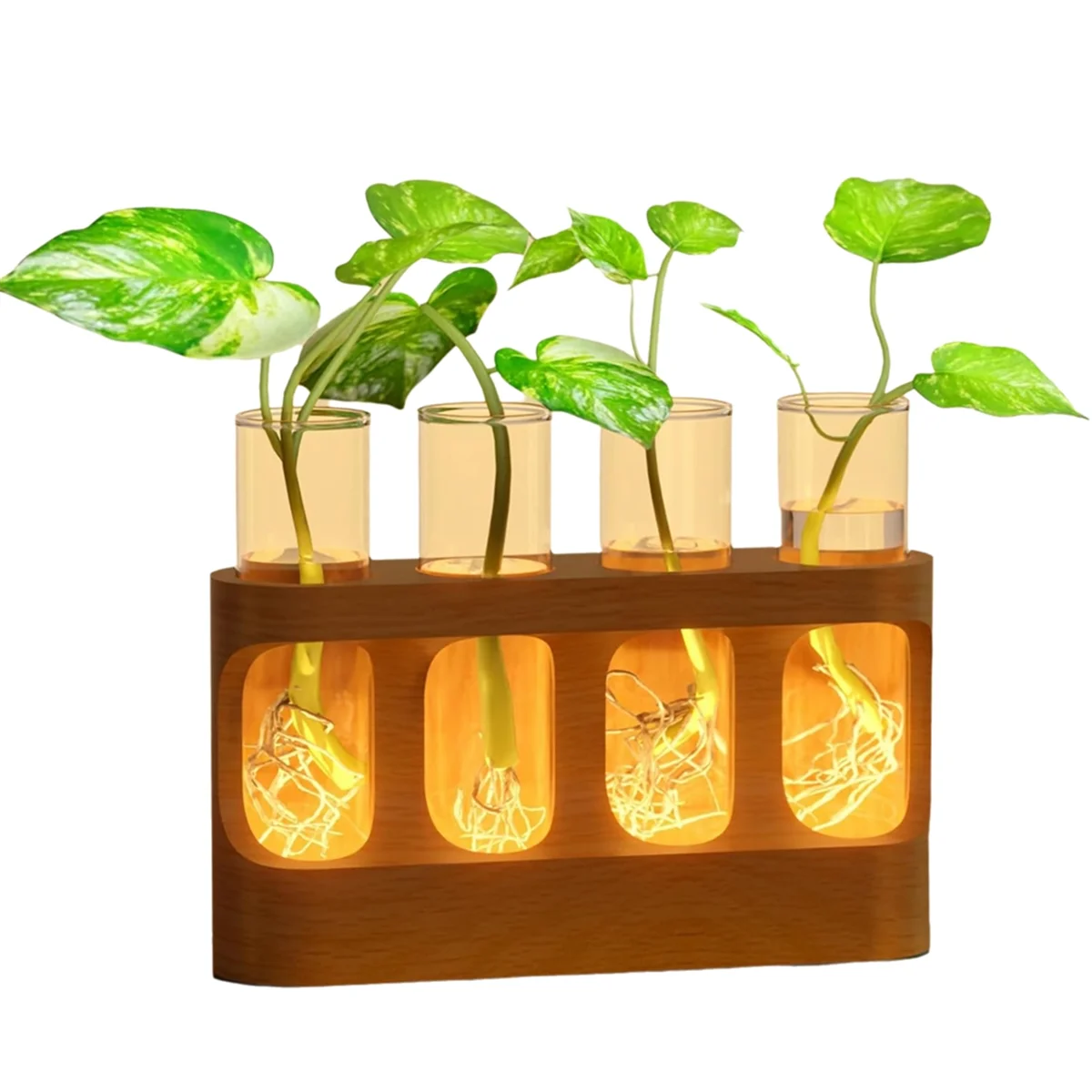 Wooden Plant Propagation Station with LED Grow Light 4 Glass Test Tubes Hydroponic Vase