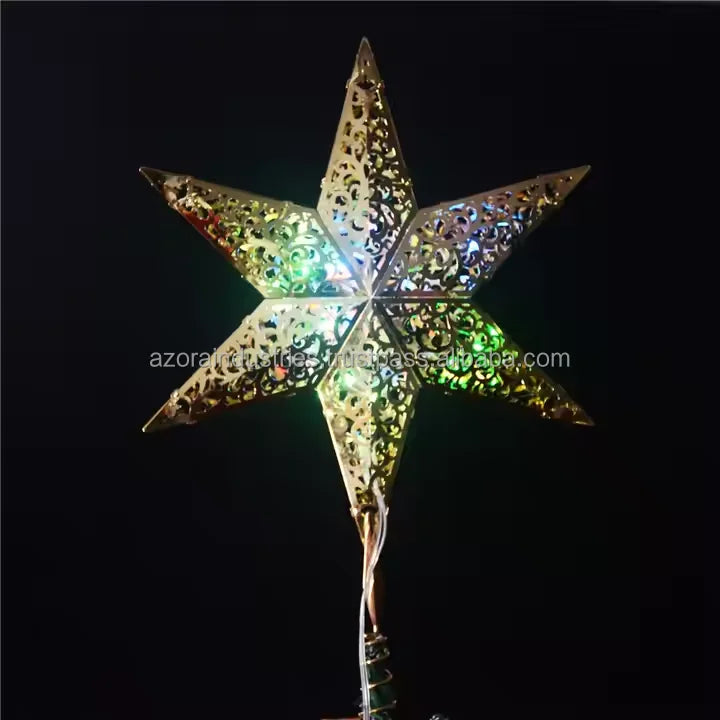 Modern Eco-Friendly Metal Hollow Christmas Tree Star Topper with Lights