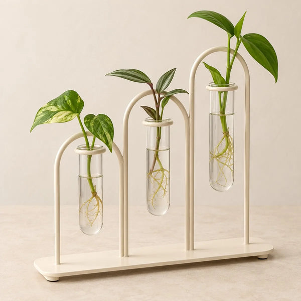 Metal Propagation Station with Three Glass Test Tubes Plant Terrarium Stand Cream Iron