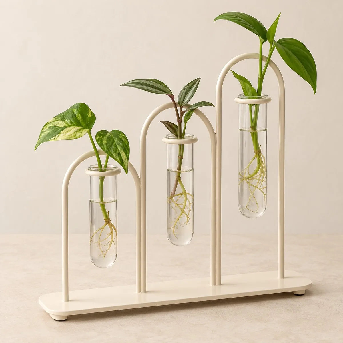 Metal Propagation Station with Three Glass Test Tubes Plant Terrarium Stand Cream Iron