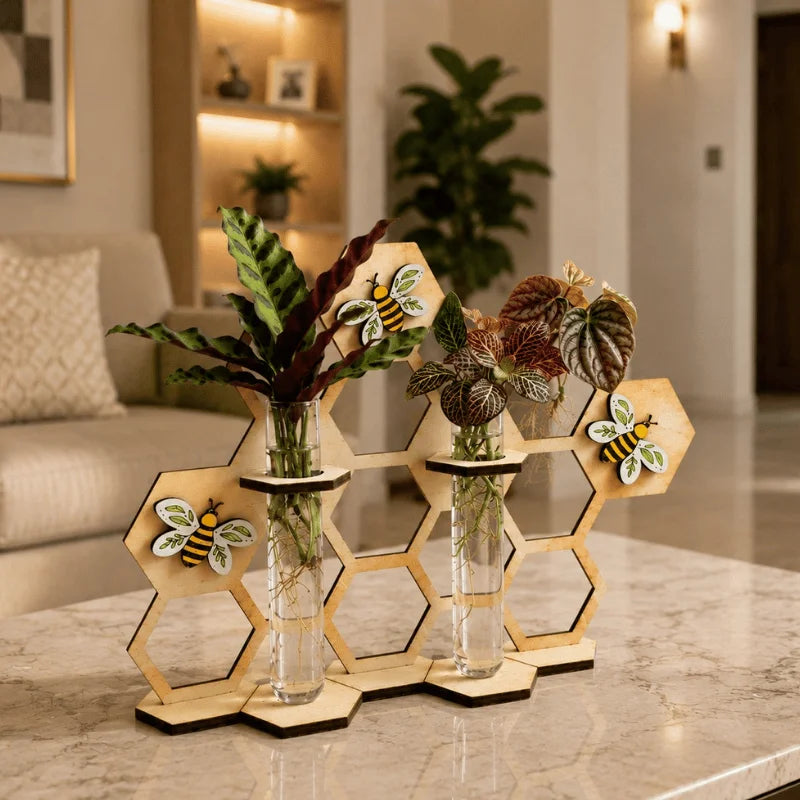 Modern Laser Cut Propagation Station with Glass Tube Vases | Wooden Honeycomb Plant