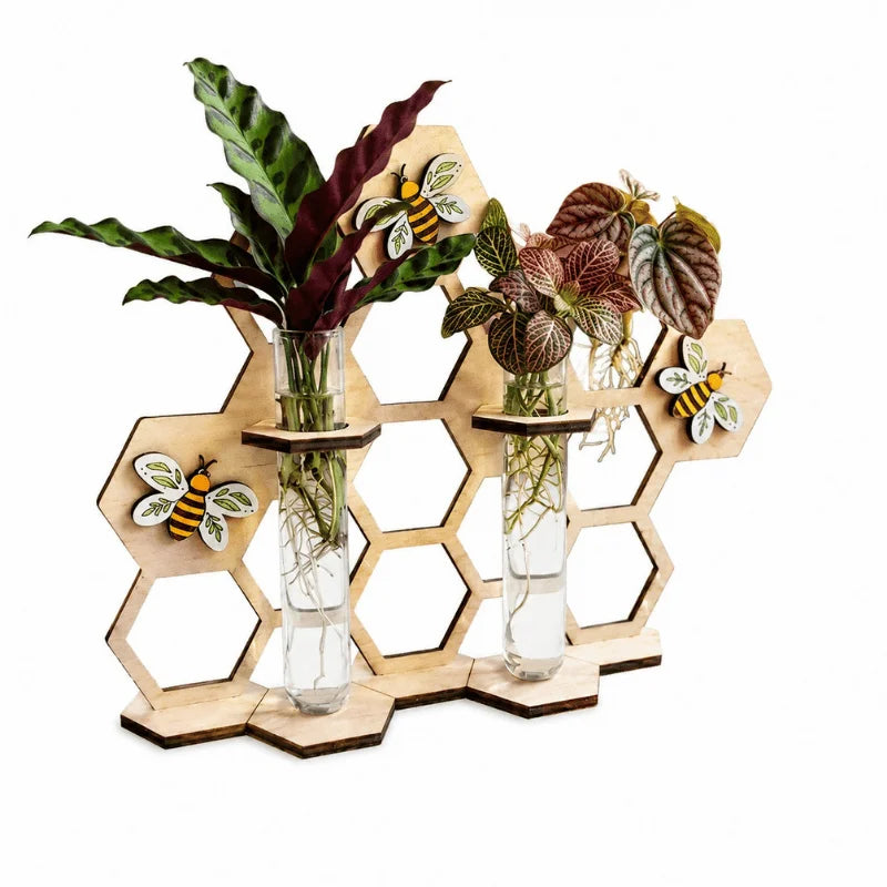 Modern Laser Cut Propagation Station with Glass Tube Vases | Wooden Honeycomb Plant