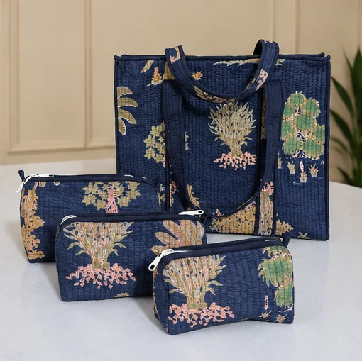 Superior Lightweight Women Bohemian Tote Bag Midnight Navy Sage Hand Blocked Print