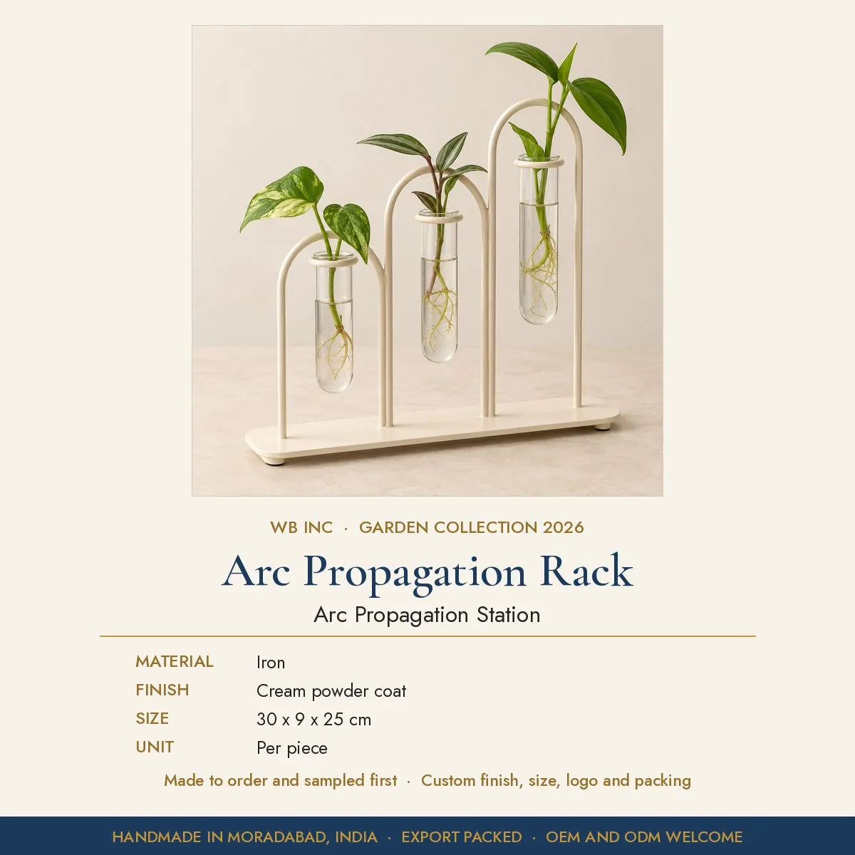 Metal Propagation Station with Three Glass Test Tubes Plant Terrarium Stand Cream Iron