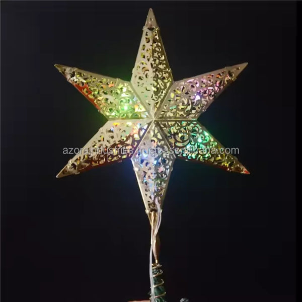 Modern Eco-Friendly Metal Hollow Christmas Tree Star Topper with Lights