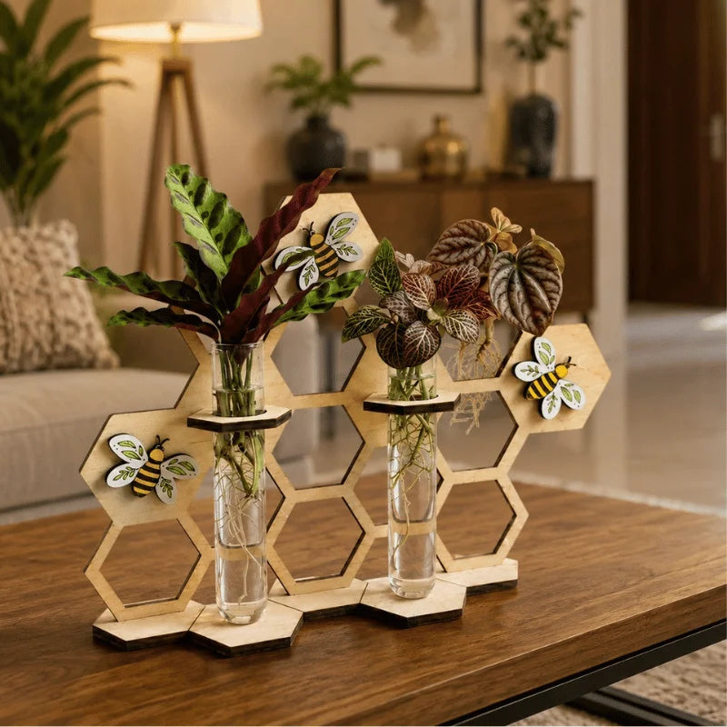 Modern Laser Cut Propagation Station with Glass Tube Vases | Wooden Honeycomb Plant