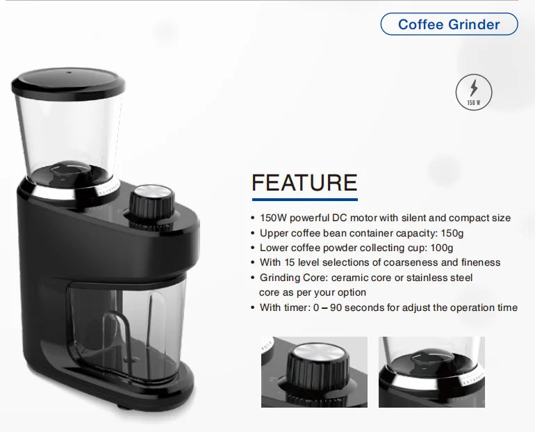 YD-3368N Electric Coffee Grinder 150W Budget Pro 15 Grind Settings Conical Burr 0-90s