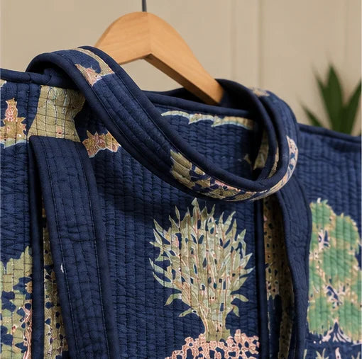 Superior Lightweight Women Bohemian Tote Bag Midnight Navy Sage Hand Blocked Print