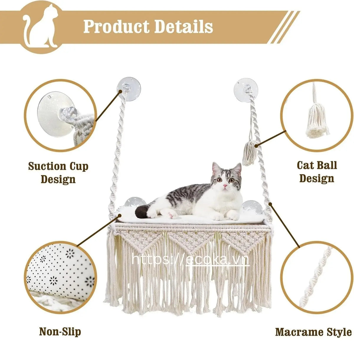 Classic Boho Macrame Cat Window Perch Solid Pattern Indoor Pet Cage Wall Mounted