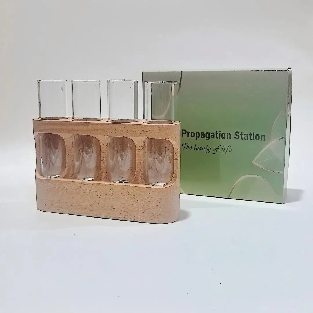 Wooden Plant Propagation Station with LED Grow Light 4 Glass Test Tubes Hydroponic Vase