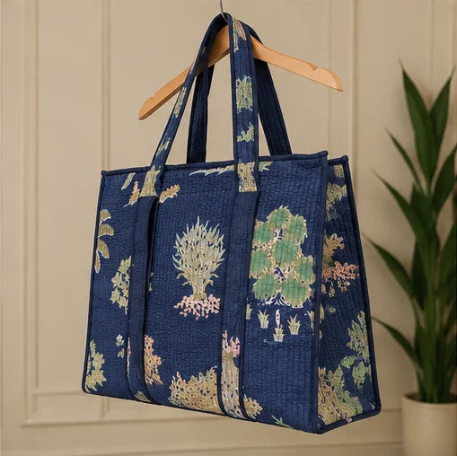 Superior Lightweight Women Bohemian Tote Bag Midnight Navy Sage Hand Blocked Print