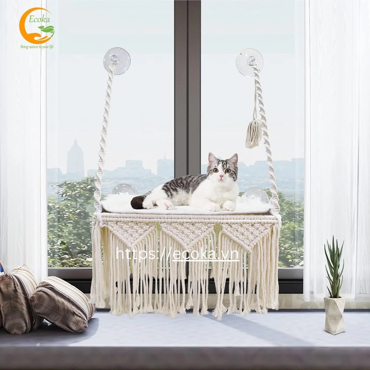 Classic Boho Macrame Cat Window Perch Solid Pattern Indoor Pet Cage Wall Mounted