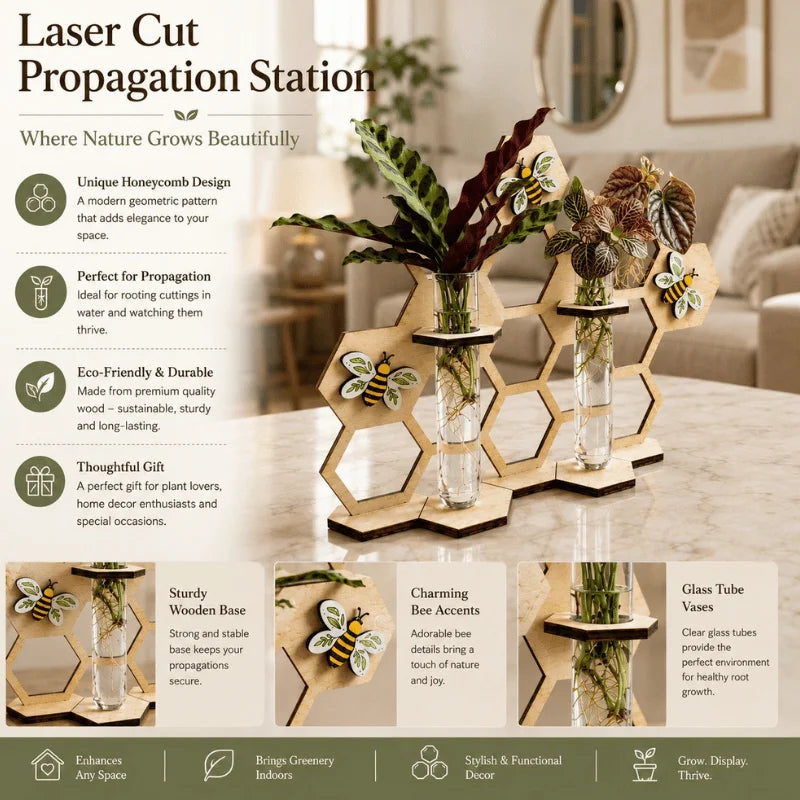 Modern Laser Cut Propagation Station with Glass Tube Vases | Wooden Honeycomb Plant