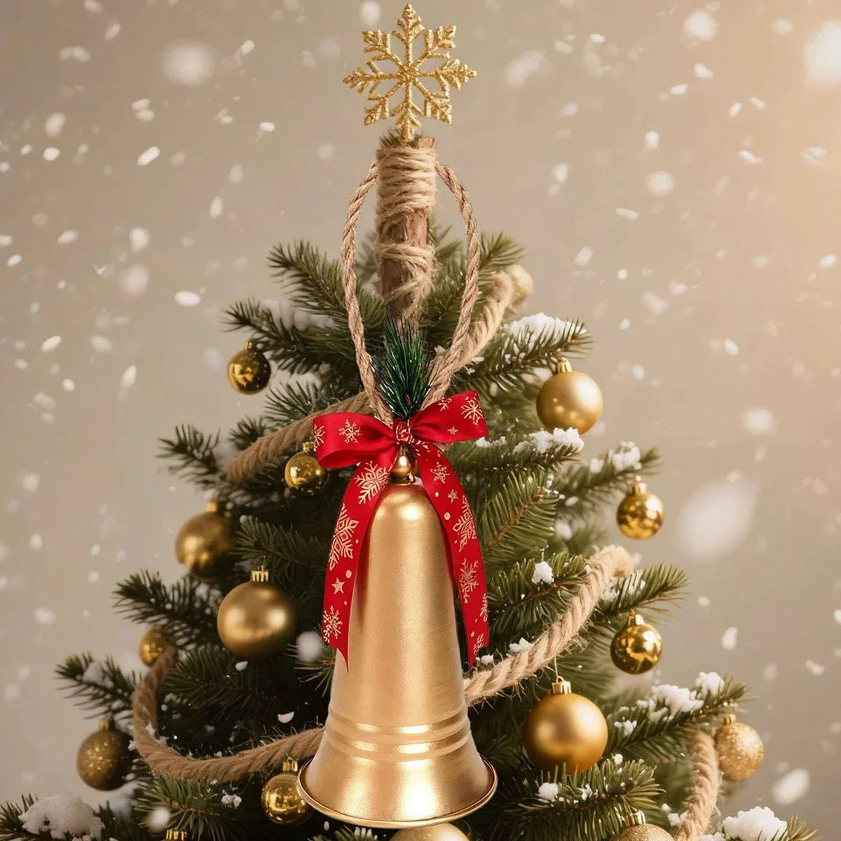 Golden Bell Christmas Tree Topper With Red Snowflake Ribbon Handcrafted Metal Ornament