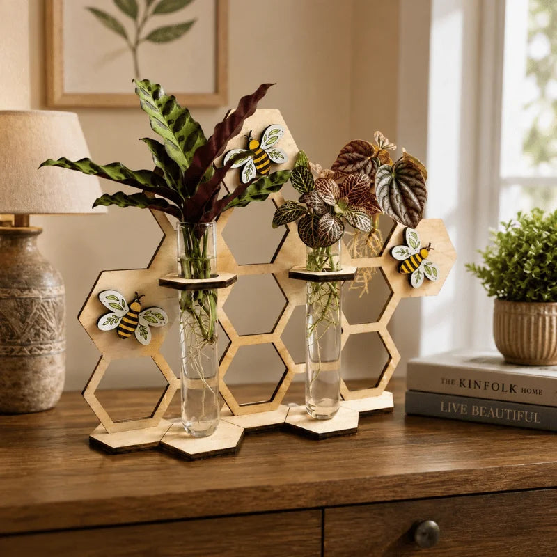 Modern Laser Cut Propagation Station with Glass Tube Vases | Wooden Honeycomb Plant