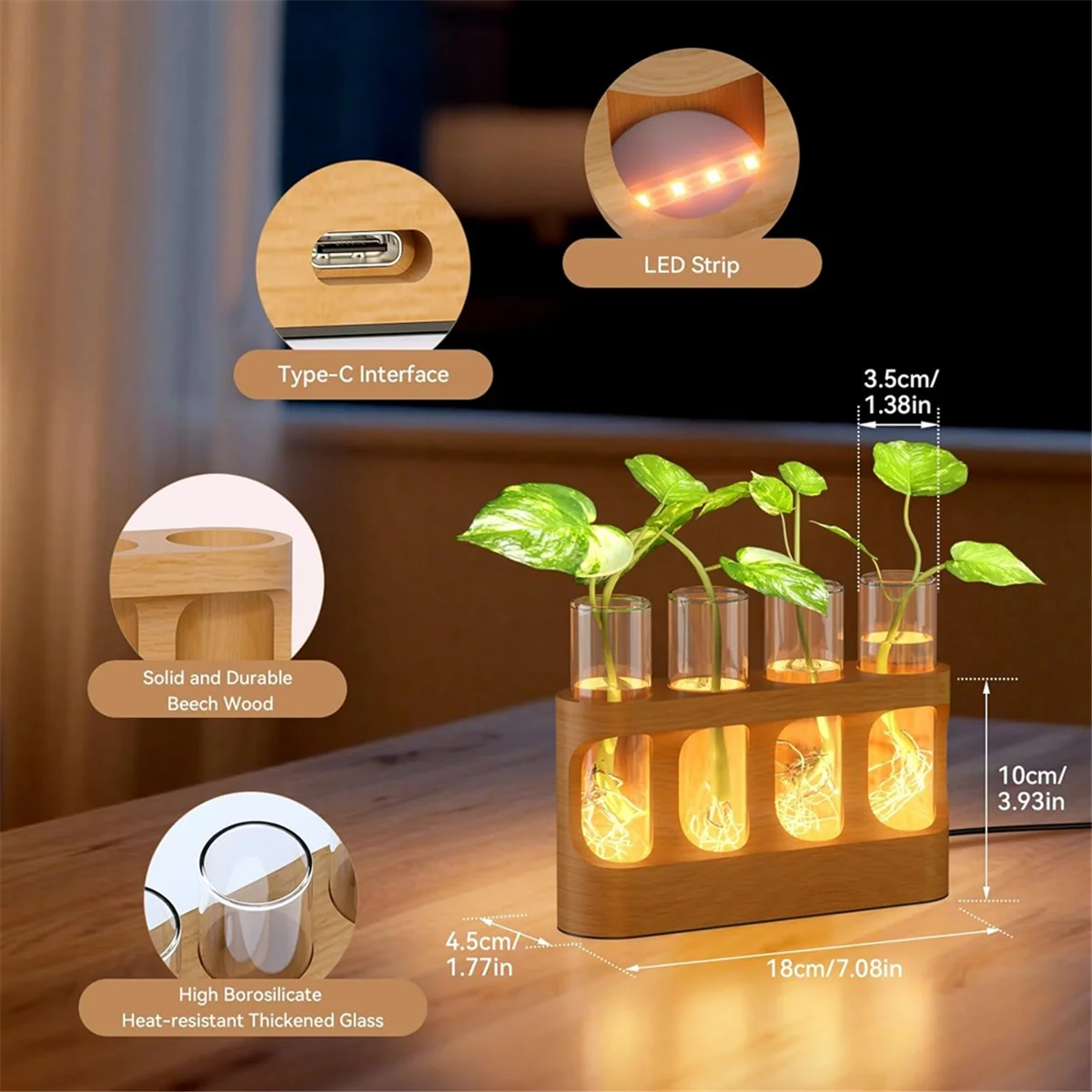 Wooden Plant Propagation Station with LED Grow Light 4 Glass Test Tubes Hydroponic Vase