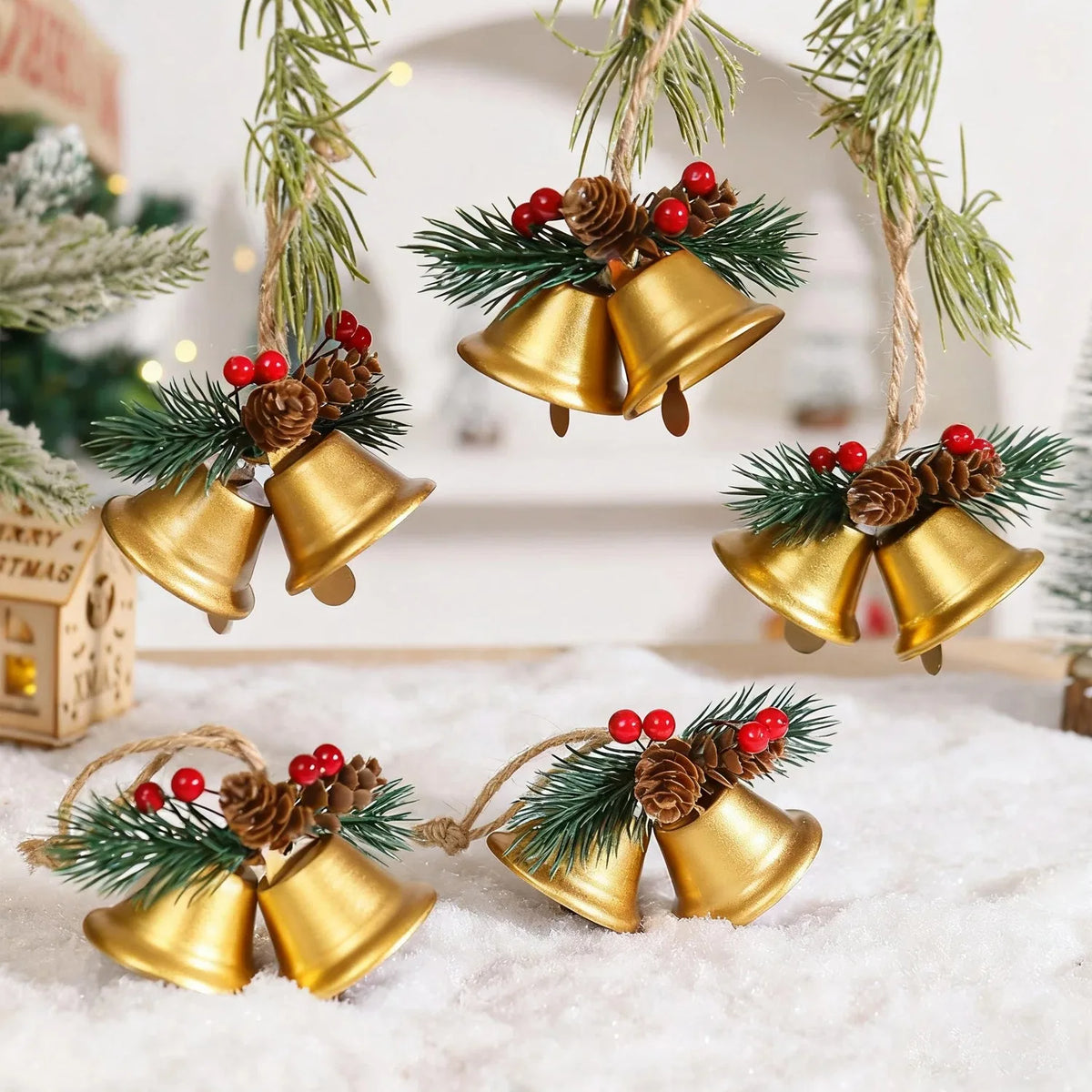 Golden Bell Christmas Tree Topper With Red Snowflake Ribbon Handcrafted Metal Ornament