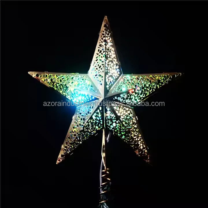 Modern Eco-Friendly Metal Hollow Christmas Tree Star Topper with Lights