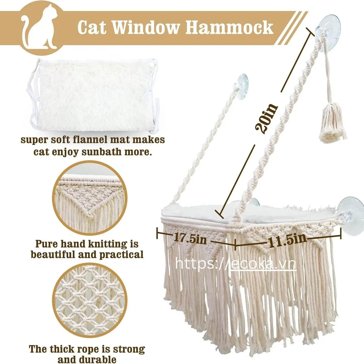 Classic Boho Macrame Cat Window Perch Solid Pattern Indoor Pet Cage Wall Mounted