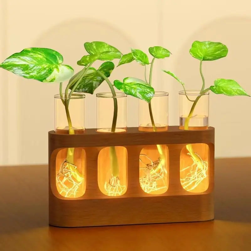 Wooden Plant Propagation Station with LED Grow Light 4 Glass Test Tubes Hydroponic Vase