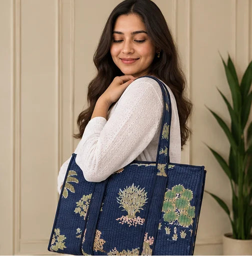 Superior Lightweight Women Bohemian Tote Bag Midnight Navy Sage Hand Blocked Print