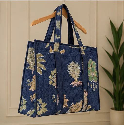 Superior Lightweight Women Bohemian Tote Bag Midnight Navy Sage Hand Blocked Print