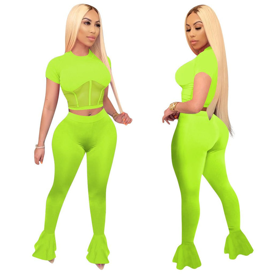 Women Plain Mesh Net Patchwork Crop Top Tracksuit Outfit Two Piece