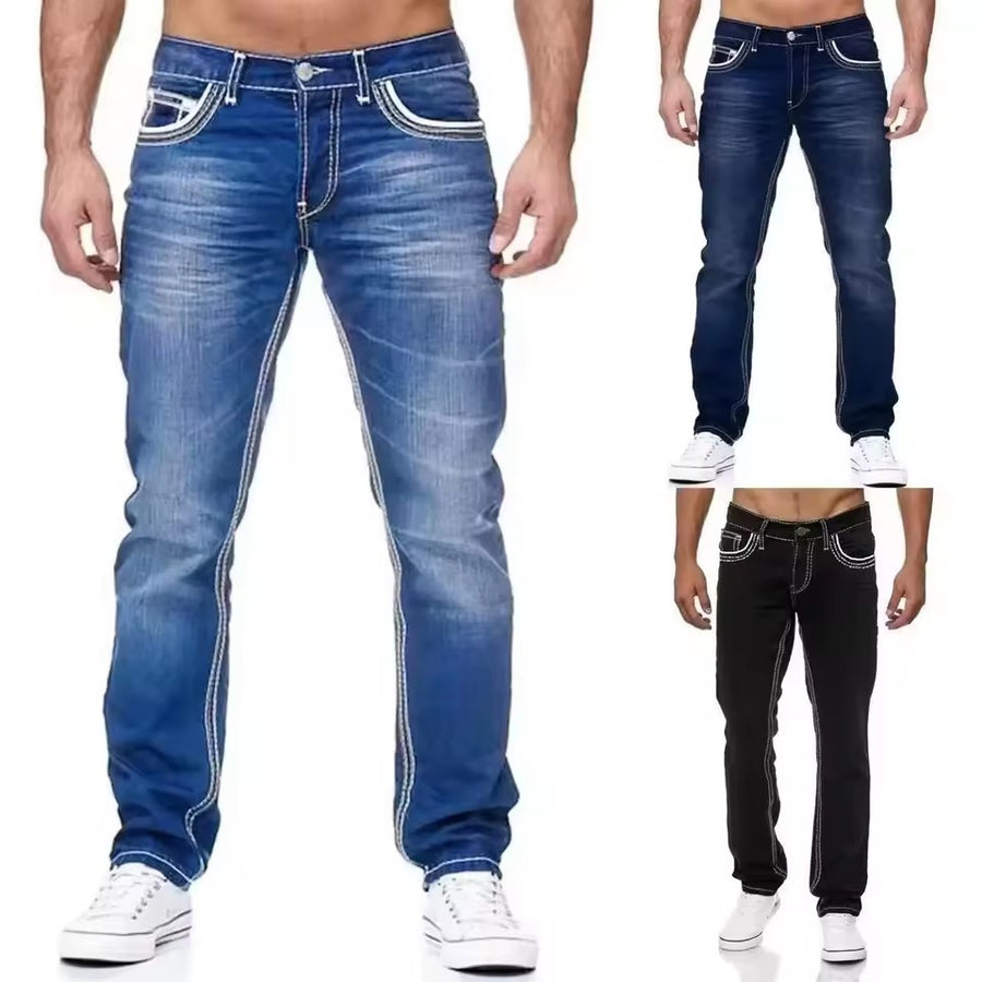 High- Men's Large-Sized Straight-Leg Stretch Denim Pants in Solid Color