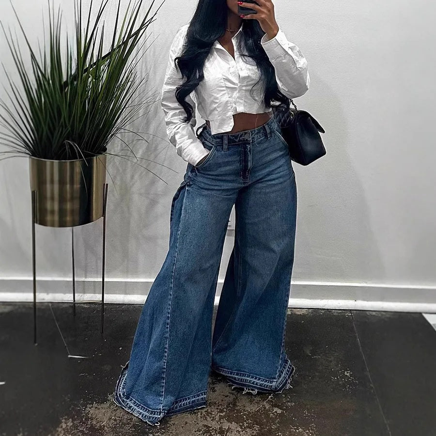 Women's European and American-Style Wide-Leg Jeans Y2K Blue Washed