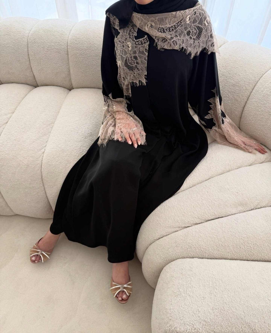 Lace Embellished Abaya Maxi Dress for Muslim Women Dubai Modest Islamic