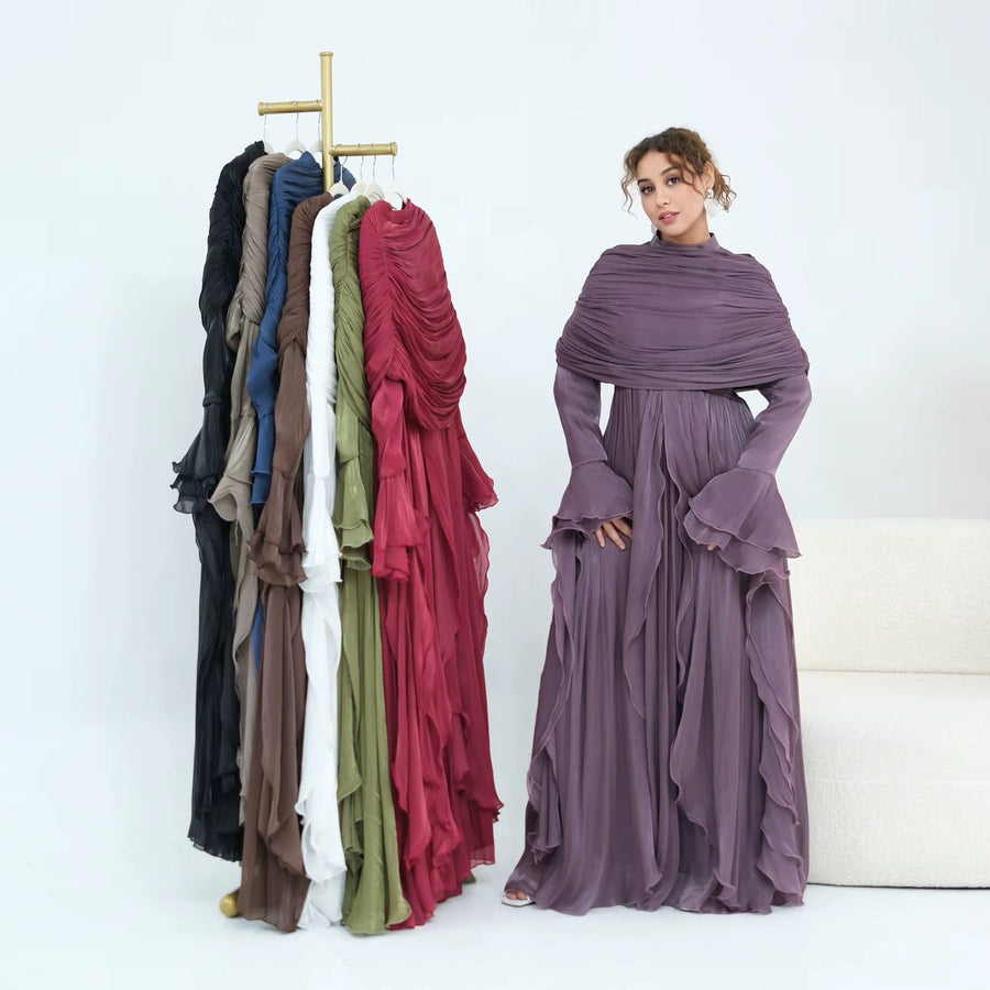 Islamic Dress Women Ruffle Abaya Maxi with Cape Modest Evening Outfit
