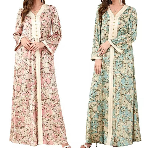 Dubai Arabian Muslim Modest Maxi Robe Floral V Neck Eid Prayer Dresses
