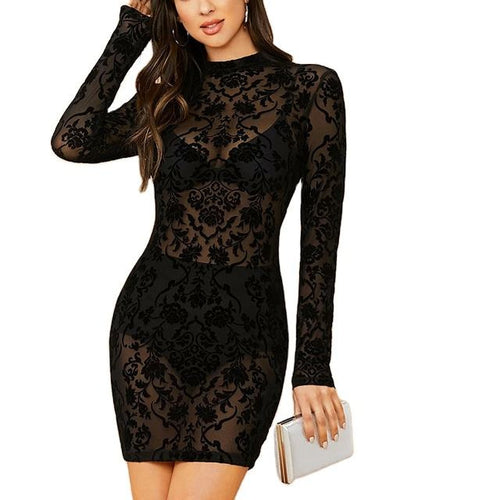 Chic Stand Collar Sheer Flocked Mesh Bodycon Dress