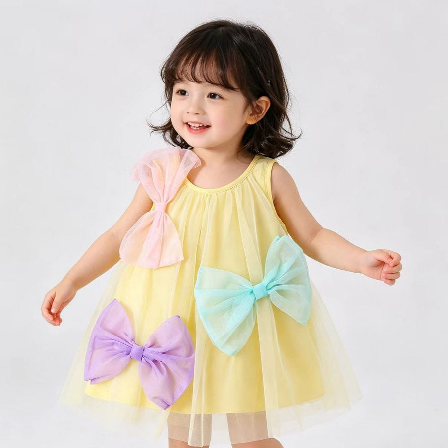 Girls Bow Sleeveless Apricot Tulle Dress 6-36 Months Baby Sweet Skirt