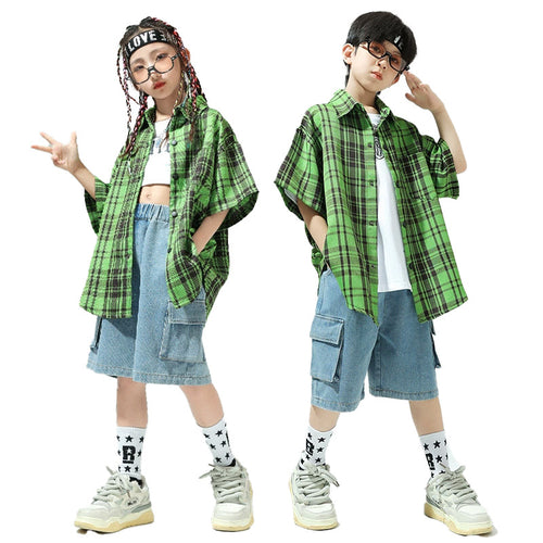 Kids Hip Hop Dress Summer Boys Denim Shorts Girls Jazz Catwalk Suit