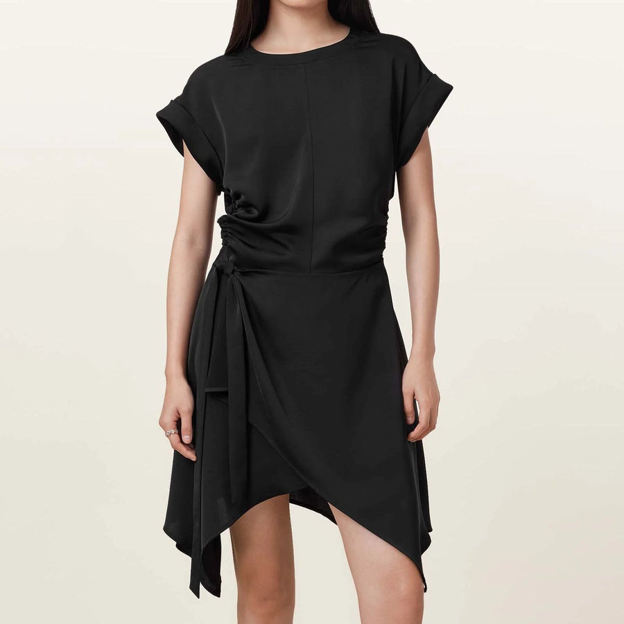 Black Short-Sleeved Lace-up Irregular Skirt Hem Slim-Fit Business Dress